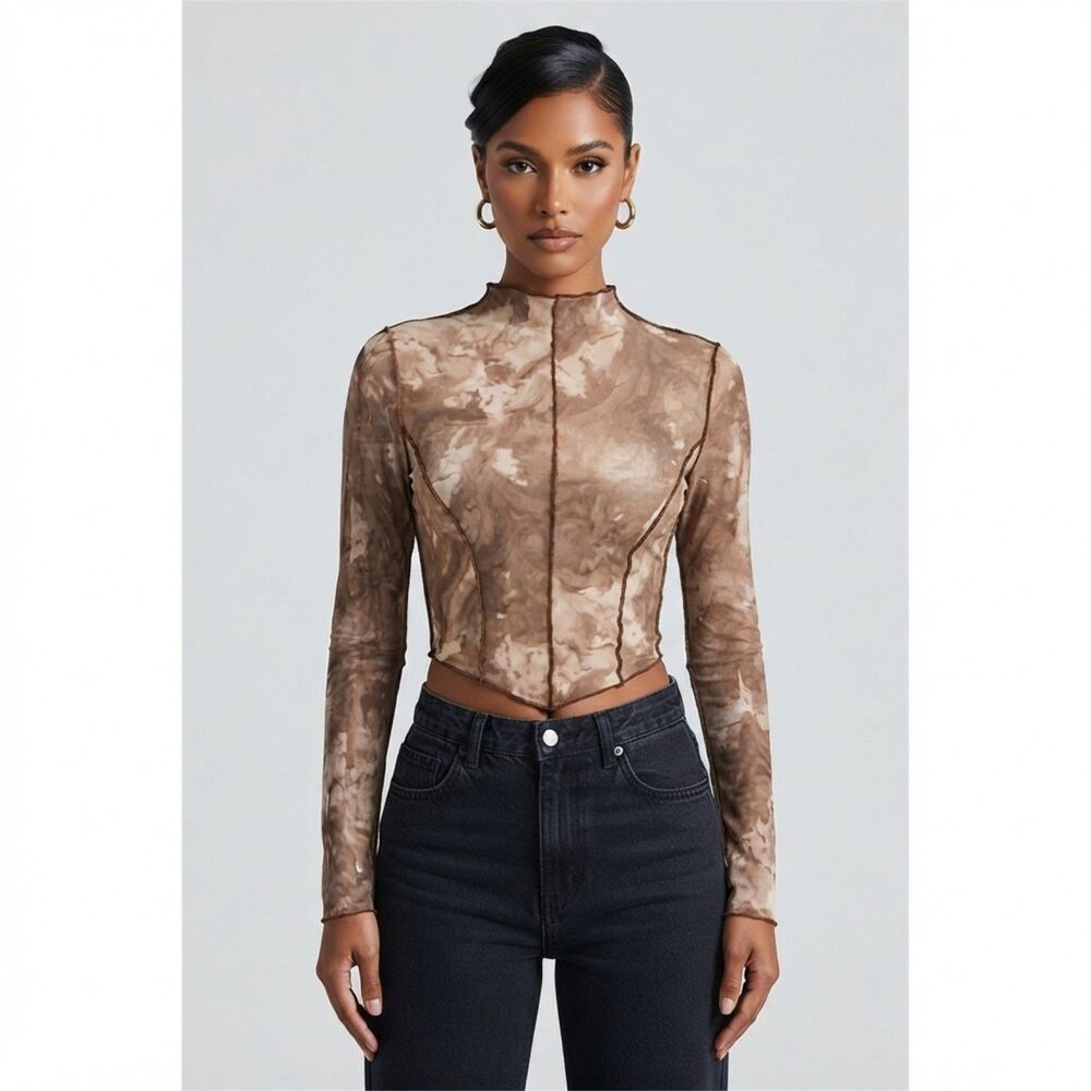 Naked Wardrobe Brown Marbled Mesh Long Sleeve Mock Neck Exposed Seam Top Small
